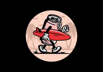 illustration of a drink can holding a surfboard