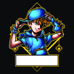 logo esport character boy smile expression with cap and gloves. logo vector character boy for gaming. theme blue costume character. Logo gaming for team squad.