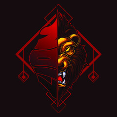 logo esport character lion with half face. logo vector character lion for gaming. theme red yellow costume character. Amazing logo gaming for team squad.