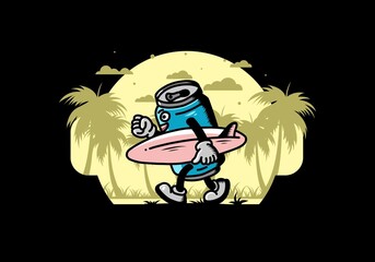 illustration of a drink can holding a surfboard