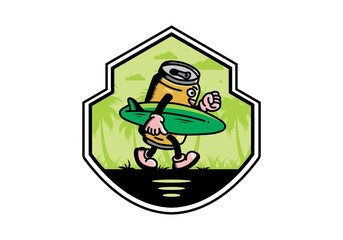 illustration of a drink can holding a surfboard