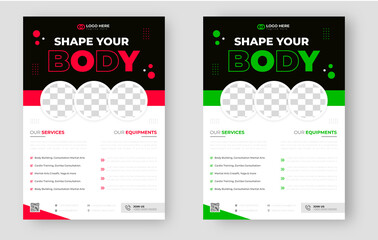 Naklejka premium Fitness gym flyer template with black, red and green color, gym, Workout, fitness and Sports flyer. fitness gym business flyer design with unique shape.