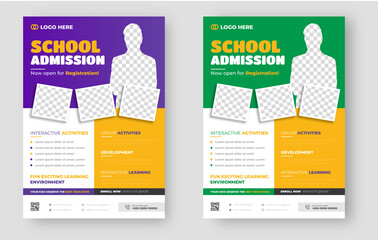 School admission flyer design. back to school flyer design set. Back to school admission promotion flyer. school admission business flyer template with green, purple and yellow color. - obrazy, fototapety, plakaty
