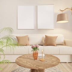 Poster frame on the wall in simple modern living room background ,bohemian scandinavian style.3d rendering