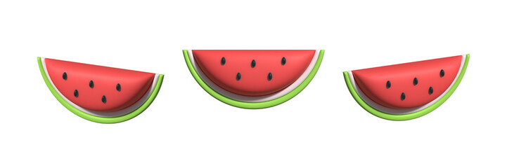 Set, collection of 3D rendering watermelon slice illustrations, icons isolated on white background.