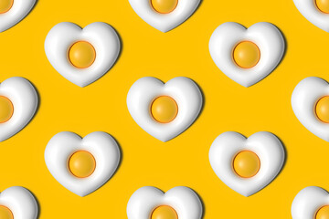 Cute cartoon style heart-shaped fried eggs 3D rendering seamless pattern background for food and breakfast design.