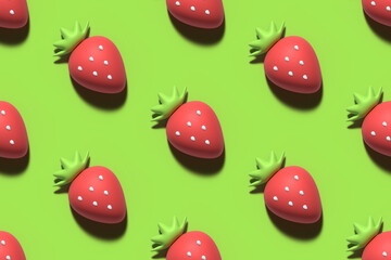 Neon green 3D rendering seamless pattern background with red strawberry for food and nature design.
