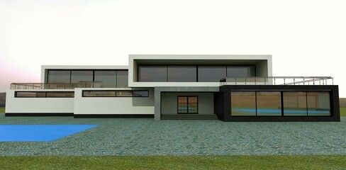 Advanced modern high-tech style villa with a blue pool. Cloudy sky. 3d render. Suitable for sites about the design and construction of real estate.
