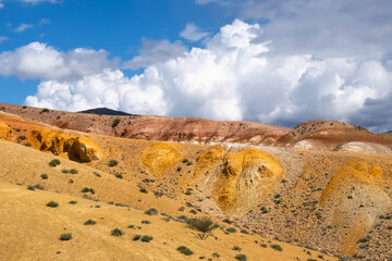 Colorful hills in Altai Republic, named Mars 1. Nature environment background. Natural colored texture of sandstone Martian landscape in Altai Mountains.