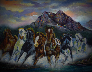  Art painting Fine art Oil color running   eight horses  Lucky from Thailand , pony  