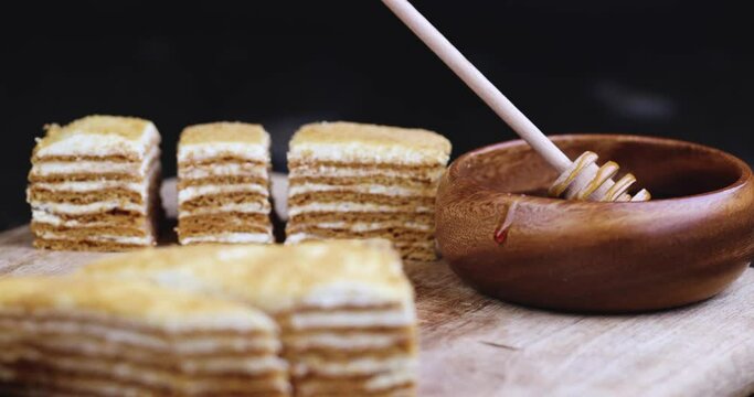 cake made of thin honey cakes and a thin creamy layer