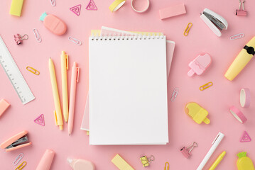 Back to school concept. Top view photo of notepads pens ice cream shaped sharpeners ruler staplers...