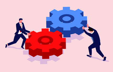 Isometric two businessmen pushing two secondary wheels to turn each other, concept of teamwork