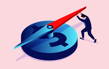 Finding and exploring the direction of business finance, isometric businessman pushing the pointer of money compass, business investment and planning, business guidance and forecast.