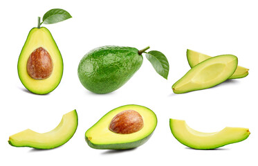 Avocado collection Clipping Path. Avocado isolated on white background. Big set fresh avocado fruits. Professional studio macro shooting