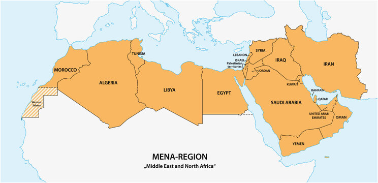 Map of the Mena Region, Middle East and North Africa