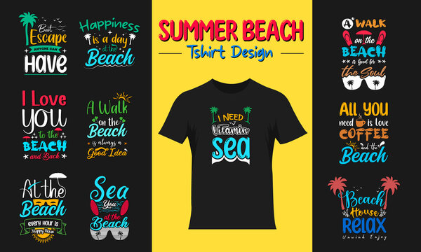 Set of beach quote and motivational summer beach typography t-shirt design. Hand draw lettering summer beach tshirt