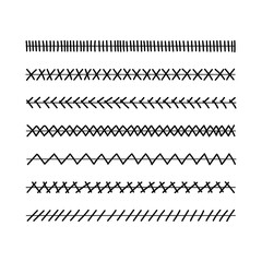 Stitching, embroidery, sewing borders, hand-drawn doodle. Decor element. Frames. Stitching and embroidery variations. Simple vector illustration.