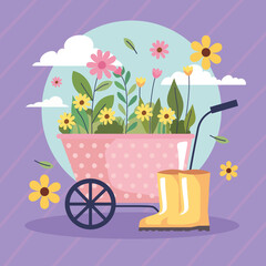 gardening flowers in wheelbarrow - obrazy, fototapety, plakaty