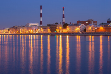 View of the Sinopskaya embankment on a white night. Saint-Petersburg, Russia