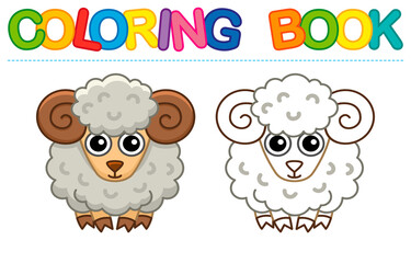 Farm animal for children coloring book. Vector illustration of funny ram, sheep in a cartoon style