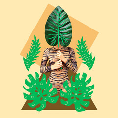 Contemporary minimal collage art.  Tropical fashion girl. Nature lover  concept