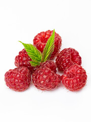 Isolated berries. Bunch of raspberry fruits with leaves isolated on white background with clipping path