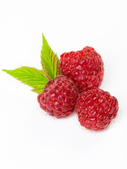 Raspberries isolated on white background close up. Raspberries Clipping Path. Mint Raspberries macro studio photo