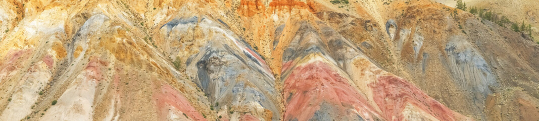 Colorful hills in Altai Republic, named Mars 2. Nature environment background, panoramic view. Natural colored texture of sandstone Martian landscape in Altai Mountains.