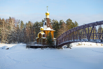 Church of the Apostle Andrew the First-Called on the frozen river Vuoksa in winter landscape....