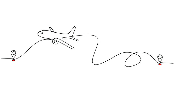 Continuous line drawing of aircraft flight routes and airport destinations. airplane line path icon of airplane flight route with starting point location and single line trail in doodle style.