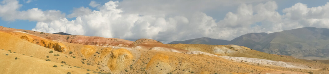 Colorful hills in Altai Republic, named Mars 1. Nature environment background, panoramic view. Natural colored texture of sandstone Martian landscape in Altai Mountains.