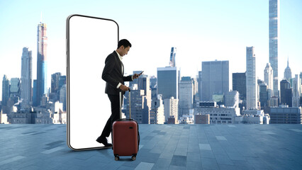 asian business man walking from smart phone