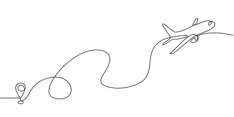 Continuous line drawing of aircraft flight routes and airport destinations. airplane line path icon of airplane flight route with starting point location and single line trail in doodle style.