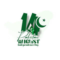 Celebrating Pakistan Independence Day 3D text 14 August, waving  flag on green background