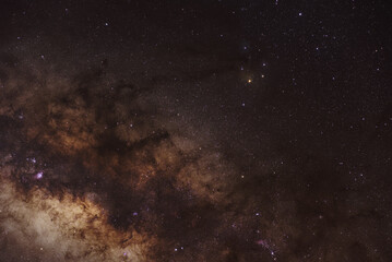 night sky, Scorpion constellation, milky way and stars on dark background with noise and photo pigmentation by long exposure and white balance selection.