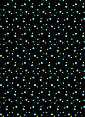 Abstract simple yellow and blue polka dot fabric seamless pattern on a black background