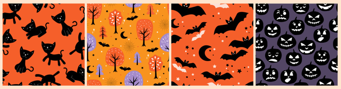 A set of seamless patterns from the Halloween celebration. Bats, horrible pumpkin faces, forest, kittens. Vector graphics.