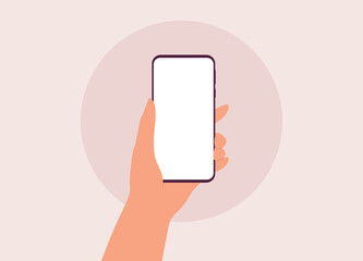 One Human’s Hand Holding Mobile Phone Vertical With White Color Blank Screen. Close-Up. Flat Design Style, Character, Cartoon.