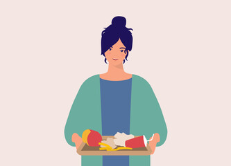 One Smiling Young Woman Holding A Serving Tray With Trash And Leftovers From The Fast Food. Half Length. Flat Design Style, Character, Cartoon.