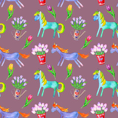 Seamless pattern of watercolor illustrations: unicorns of purple and turquoise color with clouds on a white background.