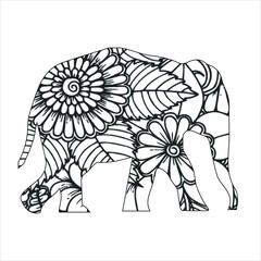 silhouette of a elephant.  Elephant animal mandala coloring book page . vector illustration
