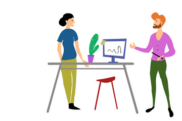 Illustration, a woman and a man size up at a desk with a computer.