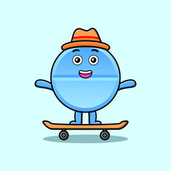 cute cartoon pill medicine standing on skateboard with cartoon vector illustration style