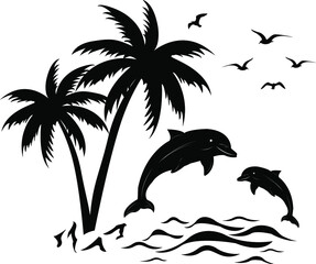 palm trees and dolphins summer design - obrazy, fototapety, plakaty