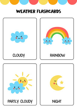 Cute cartoon weather elements with names. Flashcards for children.