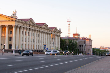 Fototapeta na wymiar Minsk, BELARUS - June 23, 2022 : traffic on Independence Avenue. It is the longest street in Europe