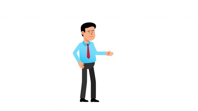 Businessman jumps on the screen shows and tells. Manager explains and presents. 2d animation