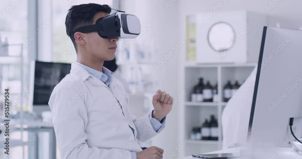 Leinwandbilder Scientist using VR virtual reality goggles to examine diagnosis experiment in 3D while working in a laboratory. Pathologist and biochemical engineer using metaverse technology to explore DNA genetics