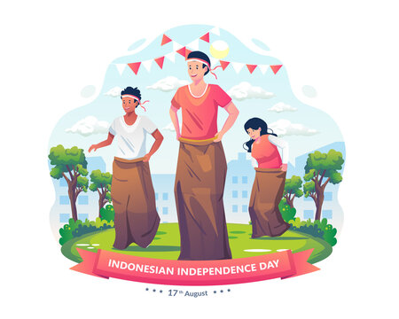 People Celebrate Indonesian Independence Day By Participating In Sack Race Competition Or Lomba Balap Karung On The 17th August. Vector Illustration In Flat Style